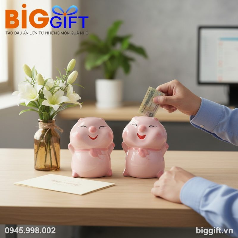 Heo đất qu&agrave; tặng in logo b&aacute;nh bao m&agrave;u hồng 19x20x23cm HĐ02