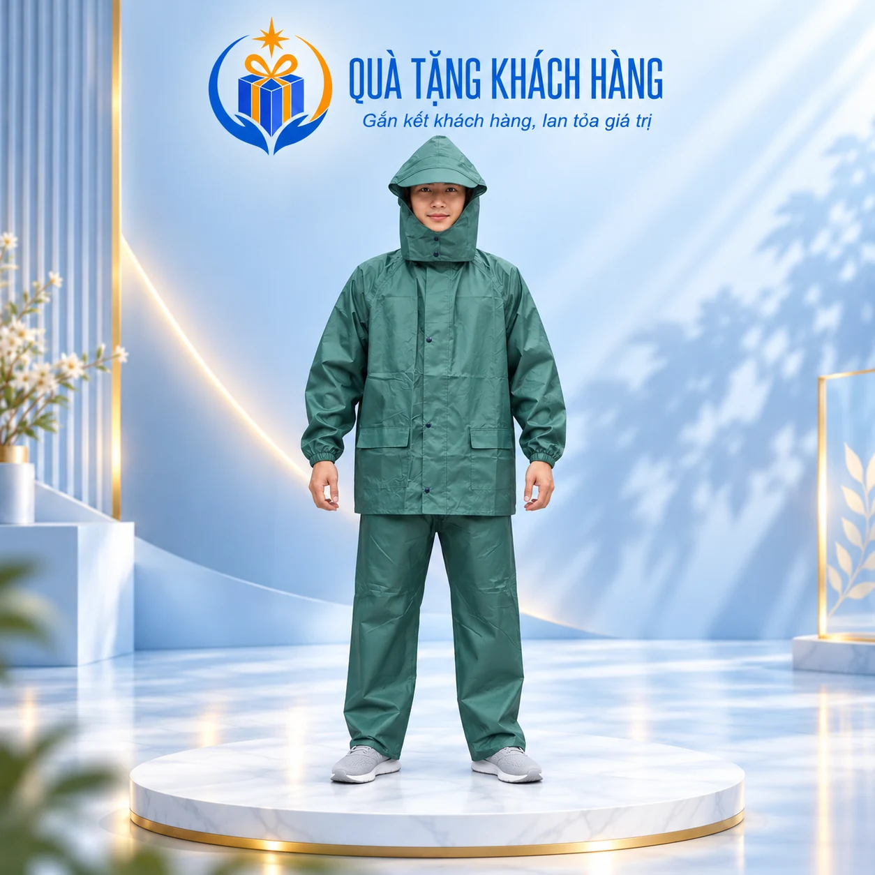Bộ áo mưa một lớp vải tổ ong màu xanh gồm áo có mũ và quần