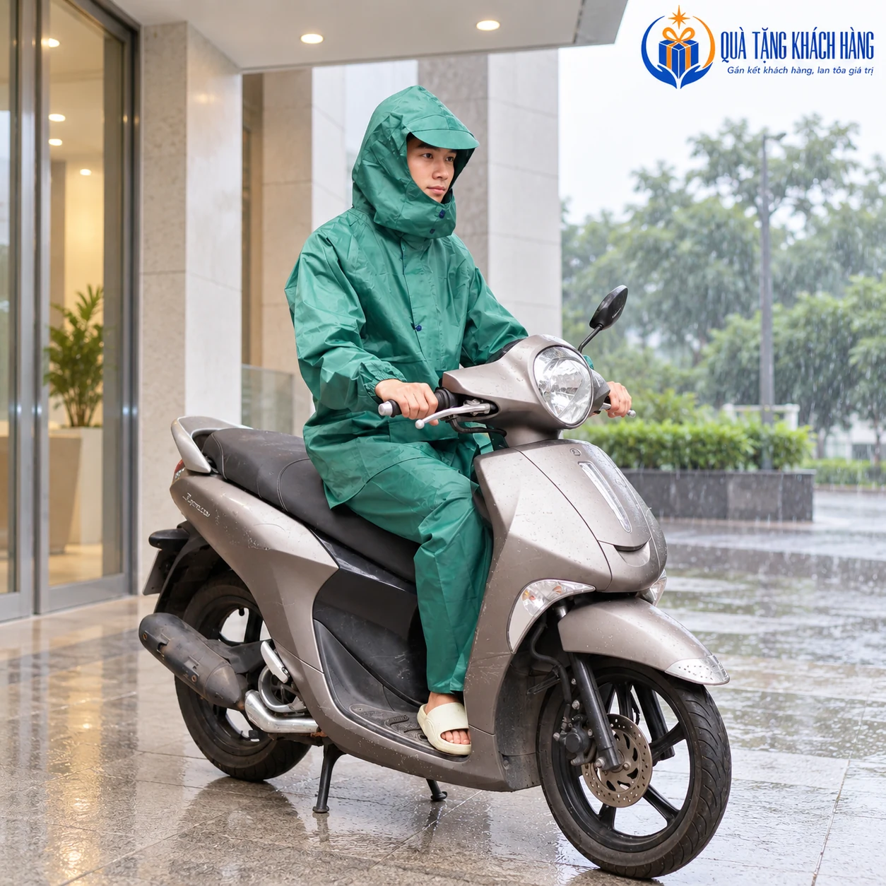Minh họa người mặc bộ áo mưa một lớp trên xe đứng yên dưới mái che