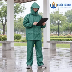 Minh họa người mặc bộ áo mưa màu xanh đối chiếu bảng ghi chép ngoài trời