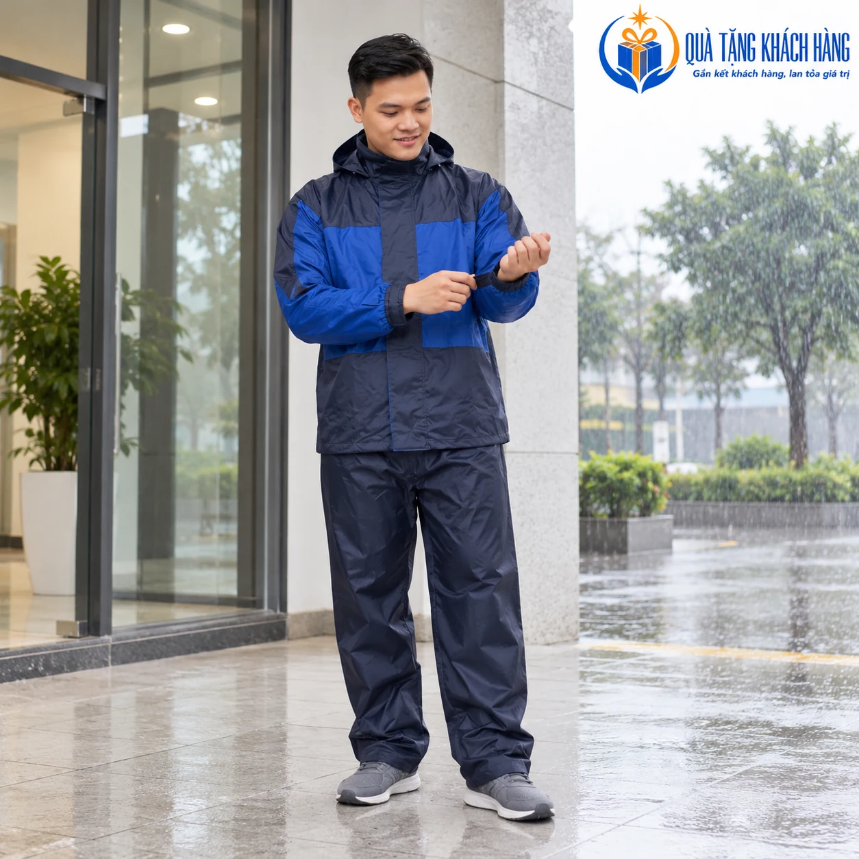 Minh họa người mặc bộ 62A kiểm tra cửa tay dưới mái che