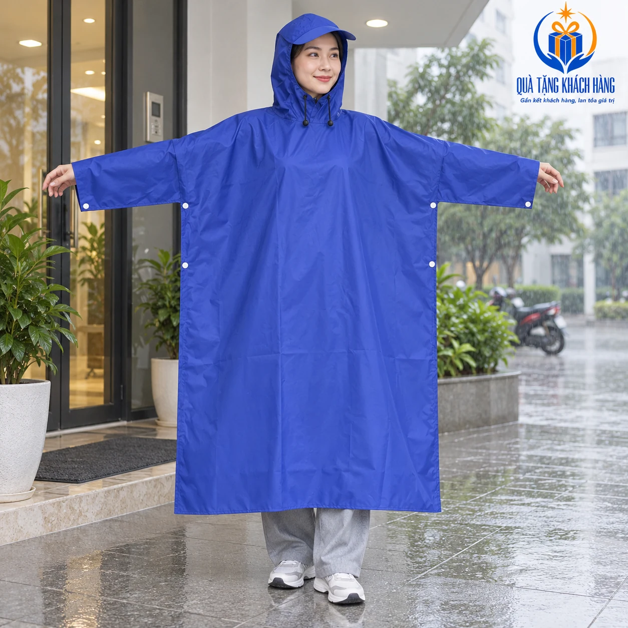 Minh họa người mặc áo mưa có tay dưới mái che trước khi ra ngoài