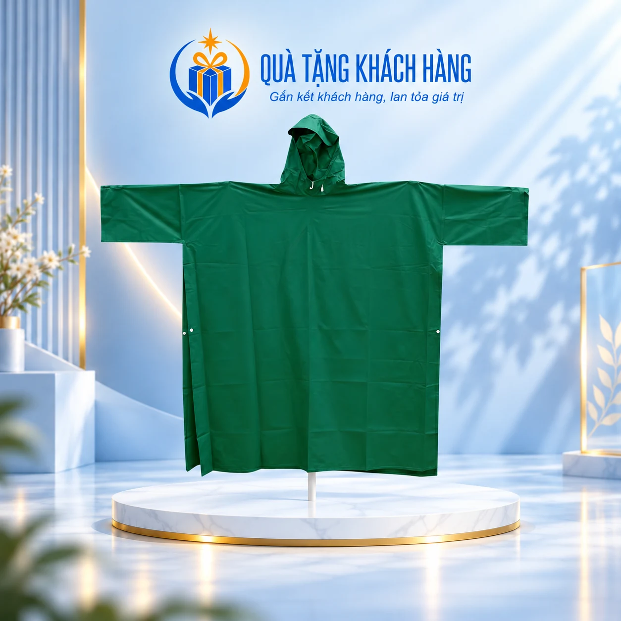 Áo mưa cài cạnh có tay RĐ 0.17 màu xanh lá, một mũ và thân rộng