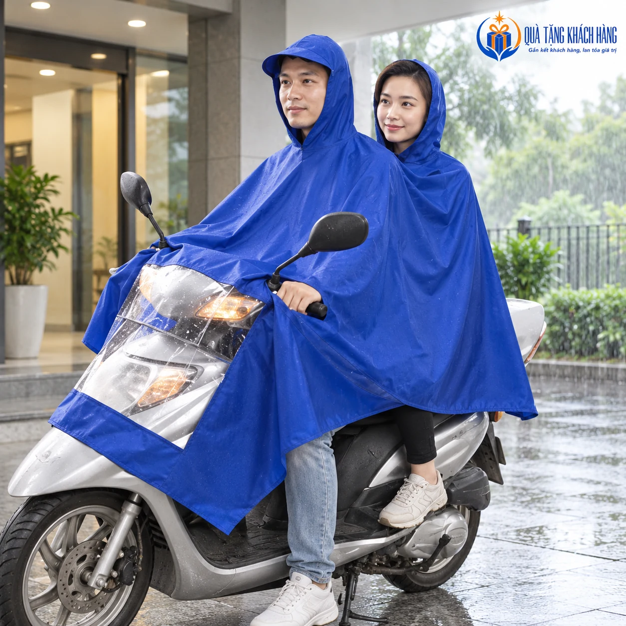 Minh họa hai người bố trí áo mưa hai đầu trên xe đứng yên dưới mái che