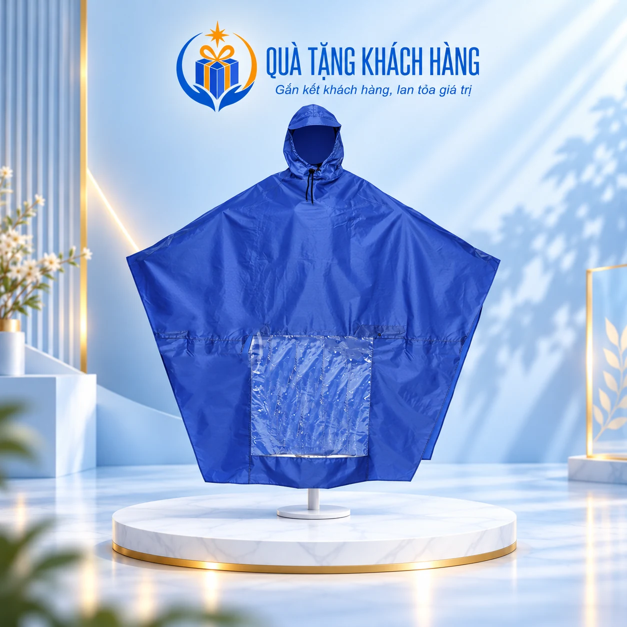 Áo mưa cánh dơi vải dù tổ ong xanh dương, một mũ và ô trong ở tà trước