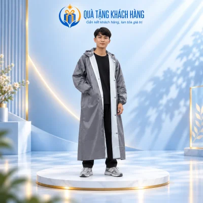 Áo mưa măng tô MS-24958 màu xám, dáng dài và phần trong sáng