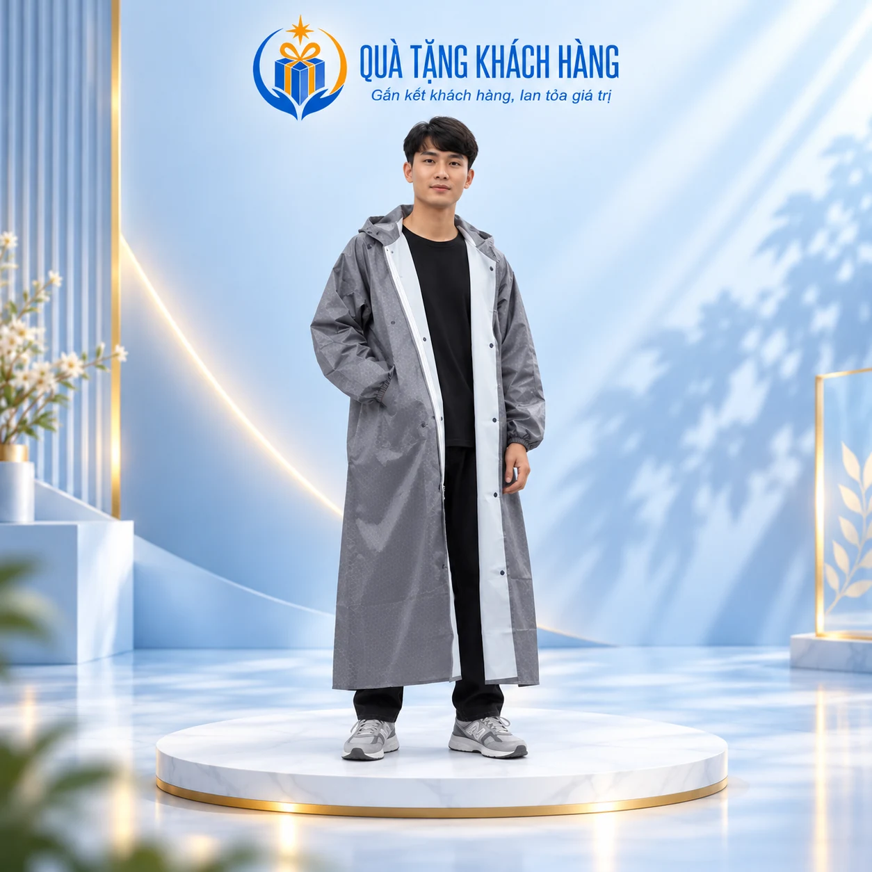 Áo mưa măng tô MS-24958 màu xám, dáng dài và phần trong sáng