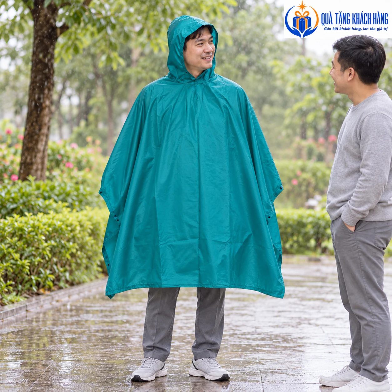 Minh họa người mặc Poncho xanh ngọc dừng trò chuyện ngoài trời