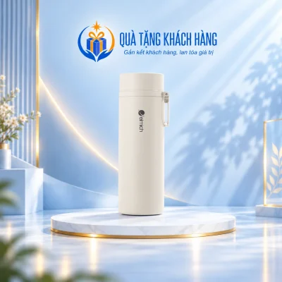 Bình Elmich màu kem có quai trong suốt đứng trên bục trắng, logo có sẵn trên nền xanh.