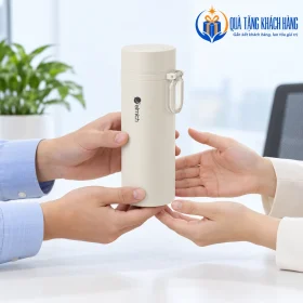 Bàn tay minh họa trao và nhận bình Elmich EDA1056 màu kem tại bàn tiếp khách.