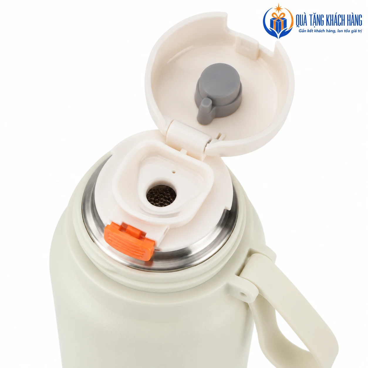 Chi tiết nắp bên trong mở của DA06 với nút cam và miệng uống