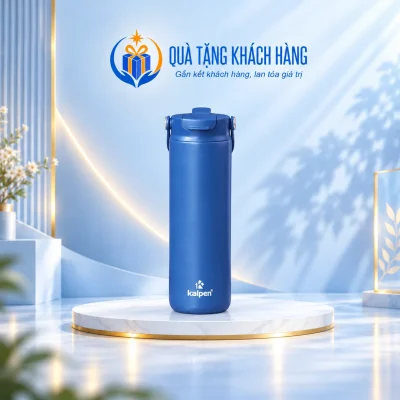 Bình Kalpen DA09 xanh than trên bục trắng, logo có sẵn trên nền xanh.