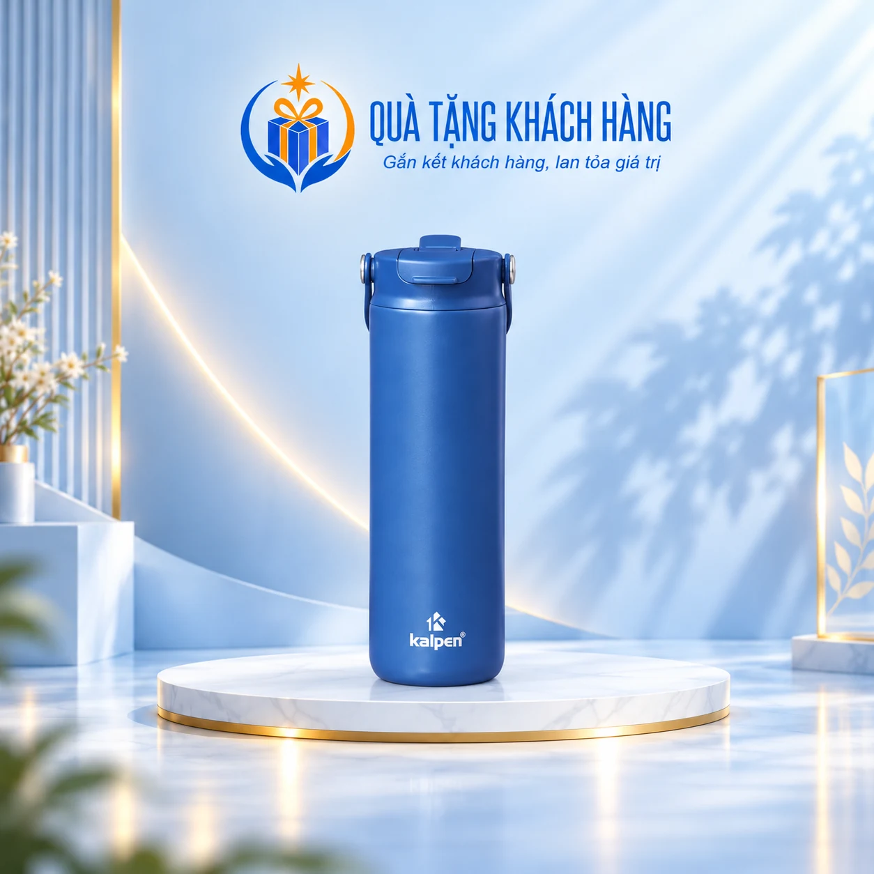 Bình Kalpen DA09 xanh than trên bục trắng, logo có sẵn trên nền xanh.