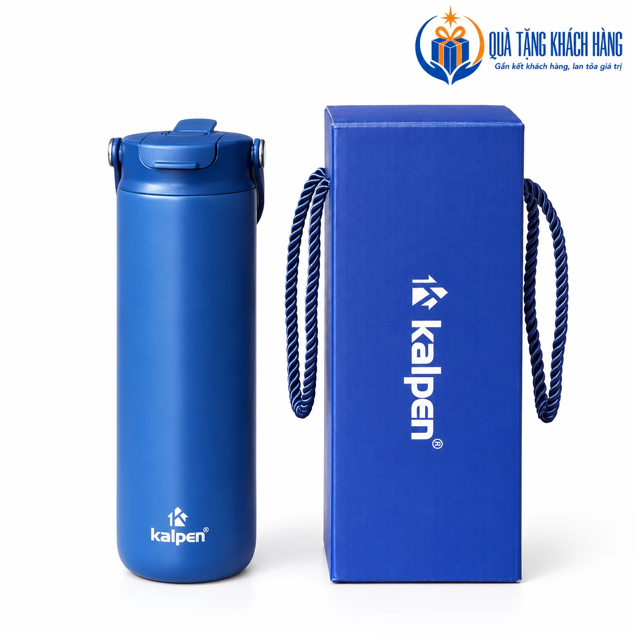 Bình Kalpen DA09 xanh than cạnh hộp Kalpen màu xanh có quai dây và dấu hãng.