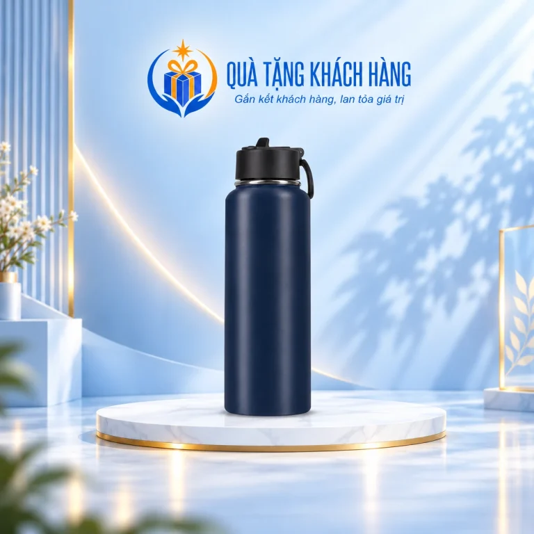 Bình Rạng Đông xanh than thân trơn trên bục trắng, logo có sẵn ở nền xanh.