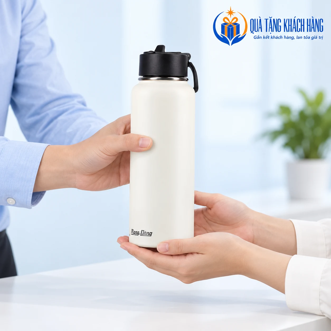 Bàn tay minh họa trao và nhận bình Rạng Đông trắng kem tại bàn tiếp khách.