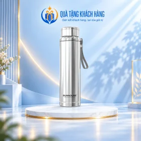 Bình Sunhouse Flexi inox bạc có dây đeo xám đứng trên bục, logo có sẵn trên nền xanh.