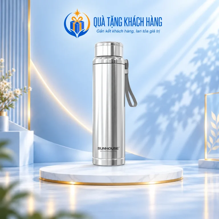 Bình Sunhouse Flexi inox bạc có dây đeo xám đứng trên bục, logo có sẵn trên nền xanh.