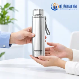 Bàn tay minh họa trao và nhận bình Sunhouse Flexi inox, dây đeo bên thân còn rõ.