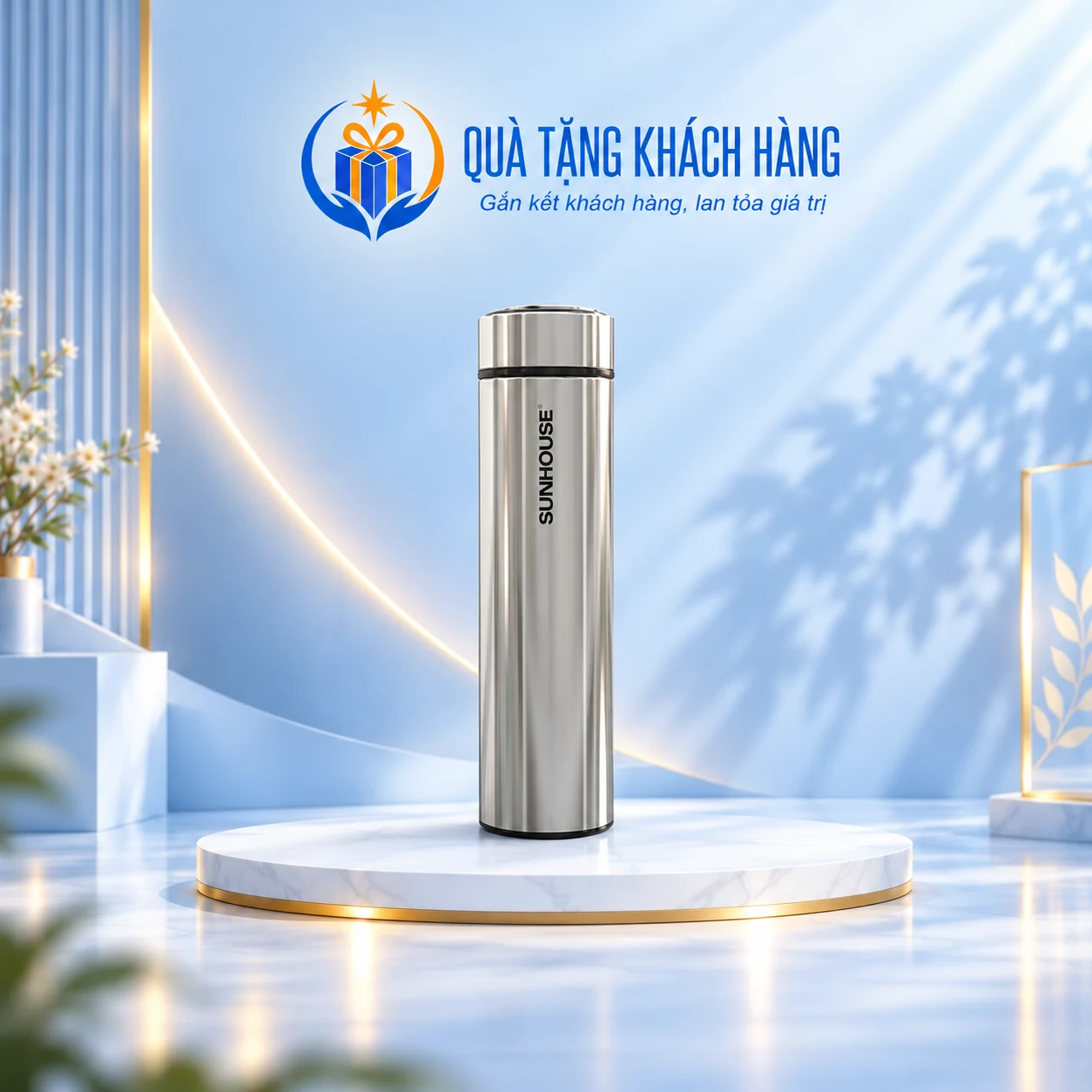 Bình Sunhouse KS-TU450 inox bạc trên bục trắng với logo có sẵn trên nền xanh.