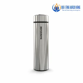 Bình Sunhouse KS-TU450 thân inox bạc, nắp vặn và dấu SUNHOUSE dọc thân trên nền trắng.