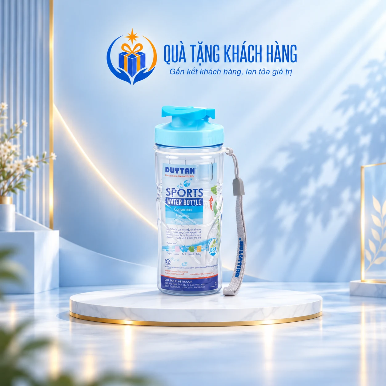 Bình nước Duy Tân No.251 350ml nắp xanh, thân trong và quai dây