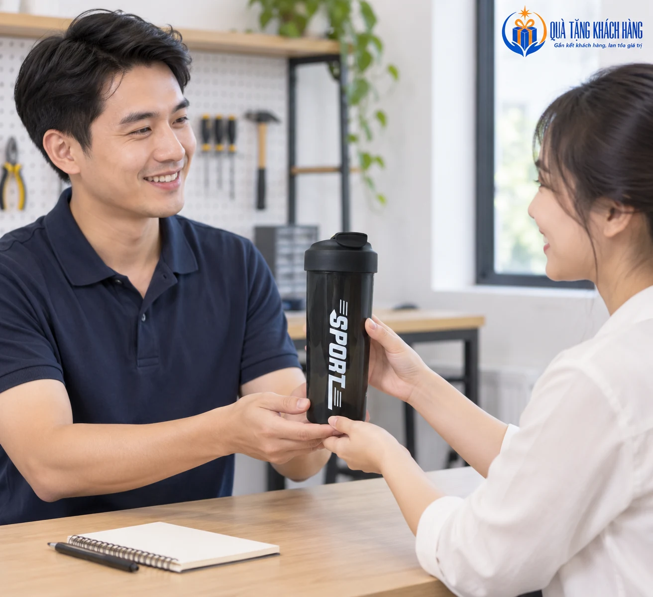 Hai người trưởng thành trao bình La Fonte 011440 sau workshop