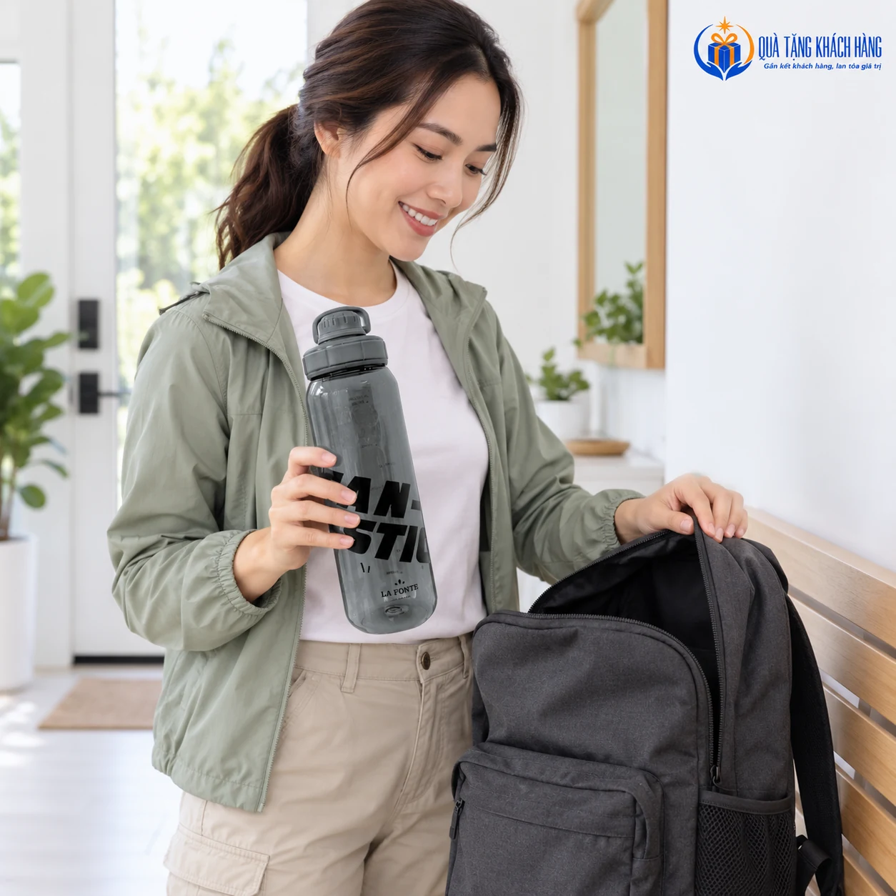 Người trưởng thành cầm bình La Fonte 1000ml chuẩn bị dã ngoại