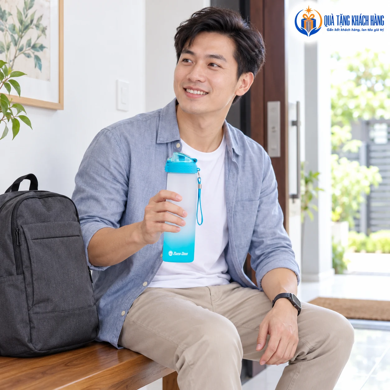 Người trưởng thành cầm bình RD-07P1 xanh chuẩn bị ra ngoài