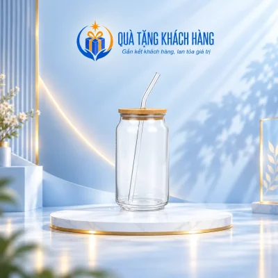 Bình nước thủy tinh 540ml nắp màu gỗ kèm ống hút trong