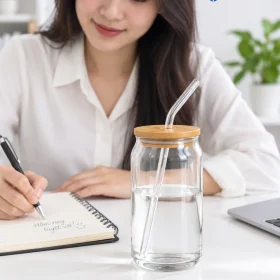 Bình thủy tinh 540ml đặt cạnh sổ trên bàn làm việc