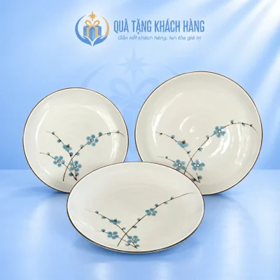 Bộ ba đĩa sứ men kem hoa xanh 16 18 20cm
