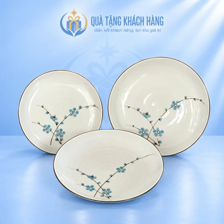Bộ ba đĩa sứ men kem hoa xanh 16 18 20cm