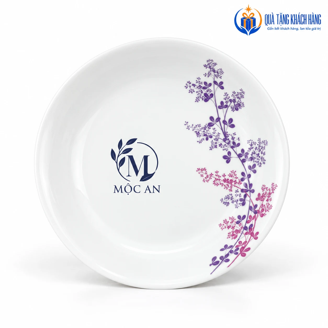 Mô phỏng logo MỘC AN trên khoảng trống đĩa Cỏ Tím 26 cm