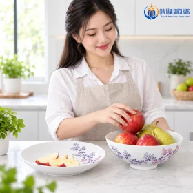 Dùng tô và đĩa sâu Cỏ Tím để bày trái cây