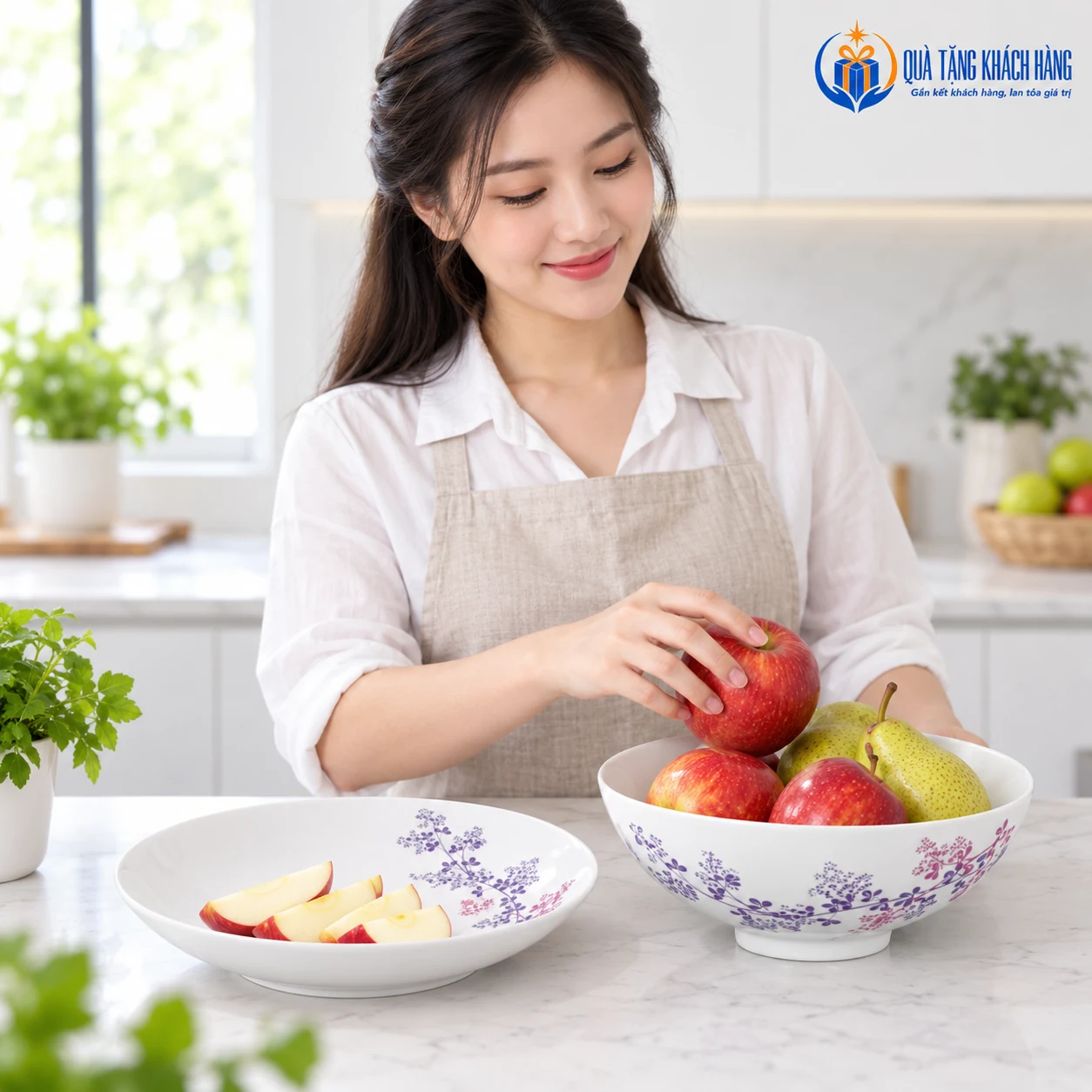 Dùng tô và đĩa sâu Cỏ Tím để bày trái cây