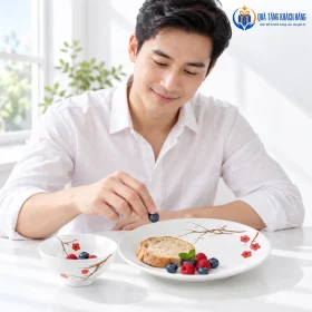 Dùng một đĩa và một chén Hồng Mai để bày phần ăn nhỏ