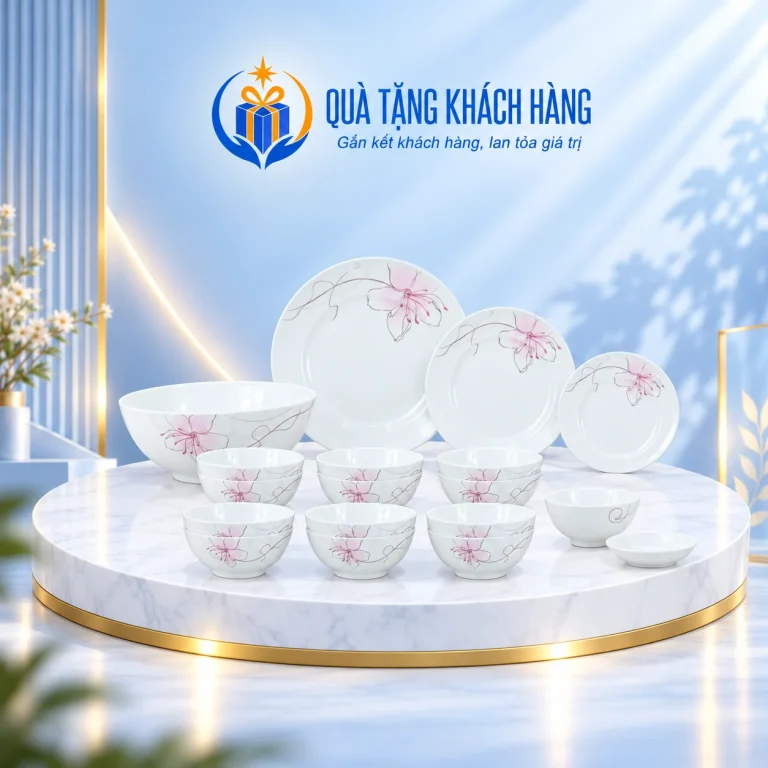 Bộ bát đĩa hoa nét hồng Trung Kiên đủ mười hai món