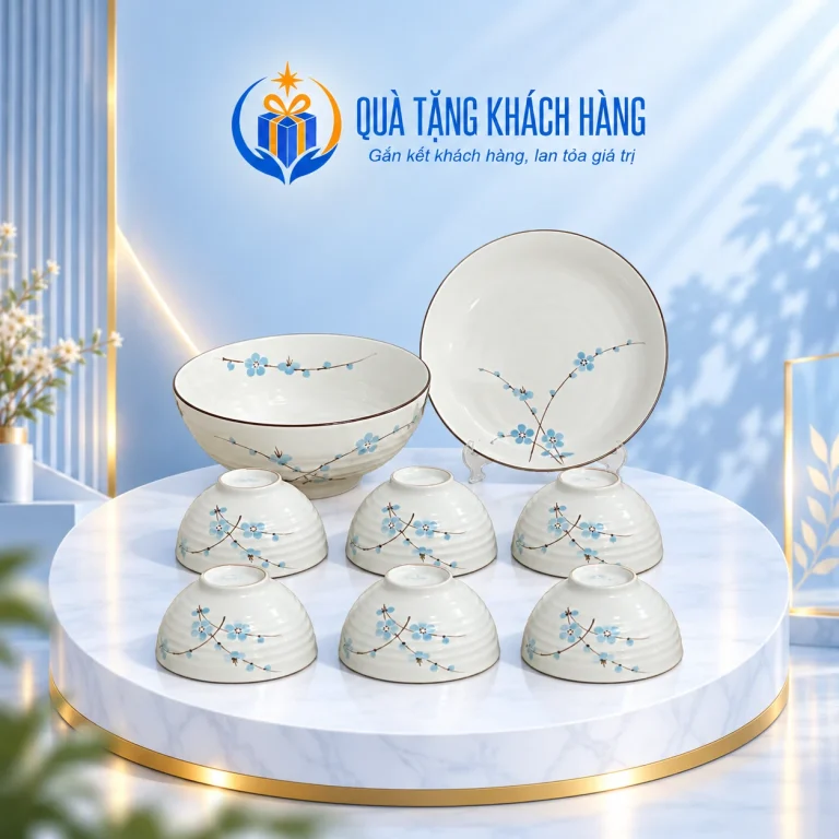 Bộ bát đĩa men kem hoa xanh đủ tám món