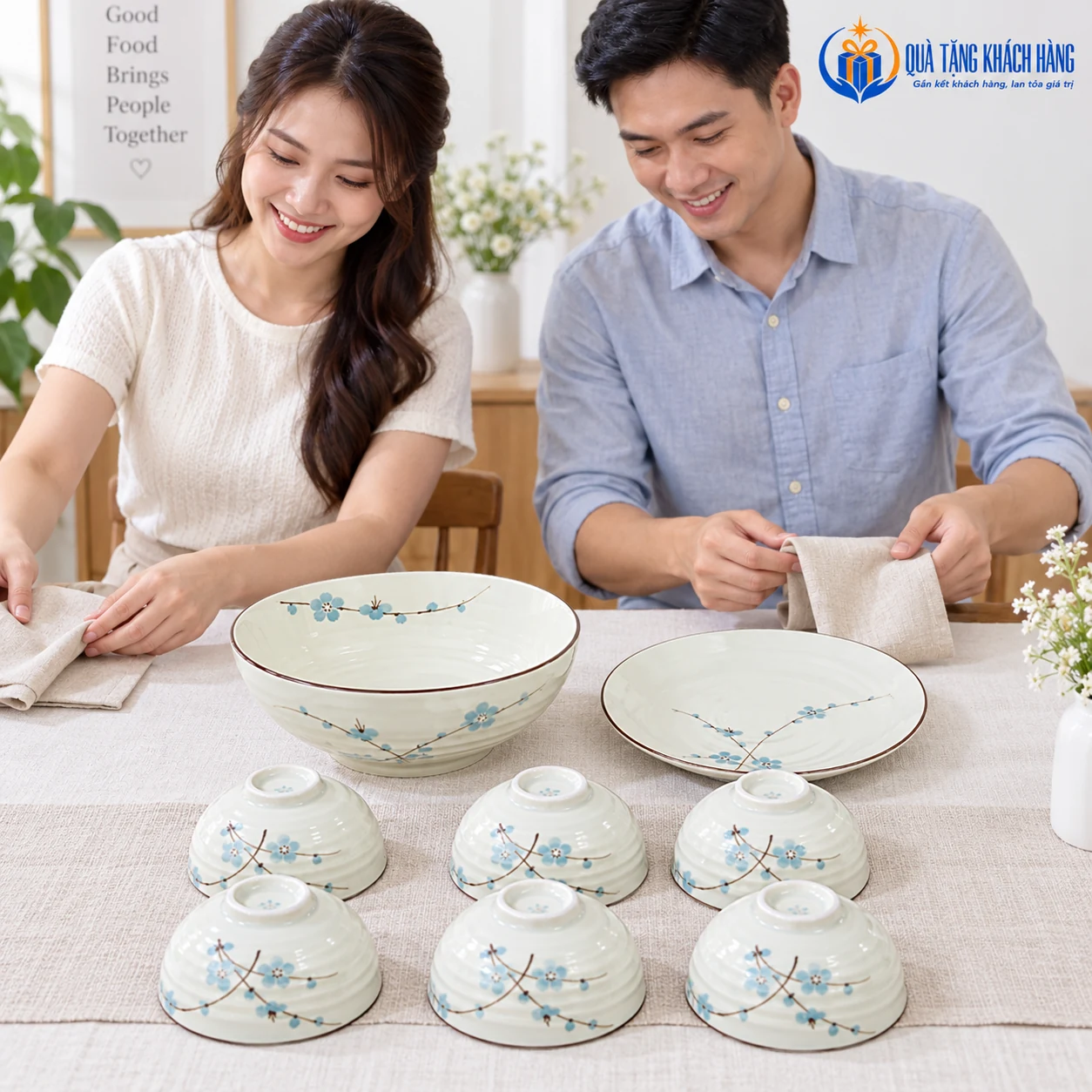 Sắp đồ bàn ăn với đủ tám món men kem hoa xanh