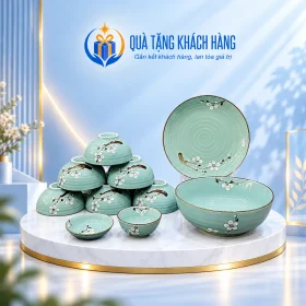 Bộ bát đĩa men xanh hoa trắng đủ mười món