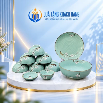 Bộ bát đĩa men xanh hoa trắng đủ mười món