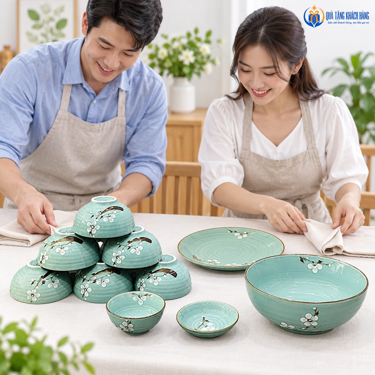 Sắp đồ bàn ăn với đủ mười món men xanh