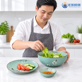 Dùng riêng tô, đĩa và món gia vị men xanh để bày rau củ
