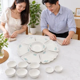 Sắp bàn với đủ mười lăm món Minh Châu
