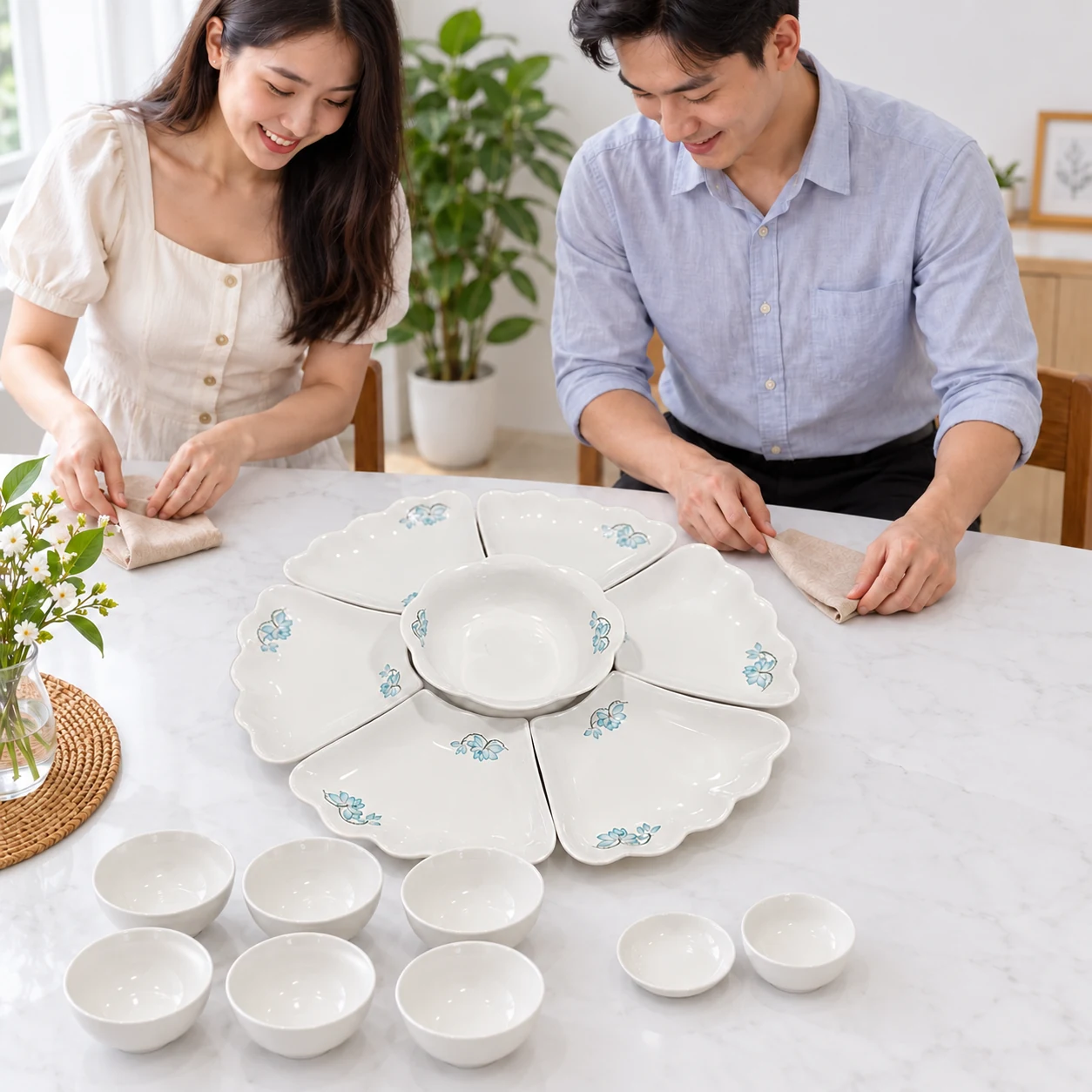 Sắp bàn với đủ mười lăm món Minh Châu