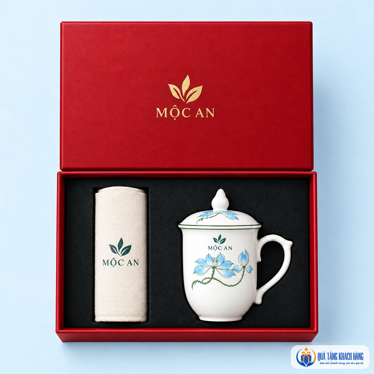 Mô phỏng logo MỘC AN trên bộ cốc và túi