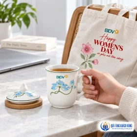 Cốc sứ tại bàn và túi canvas dùng hằng ngày