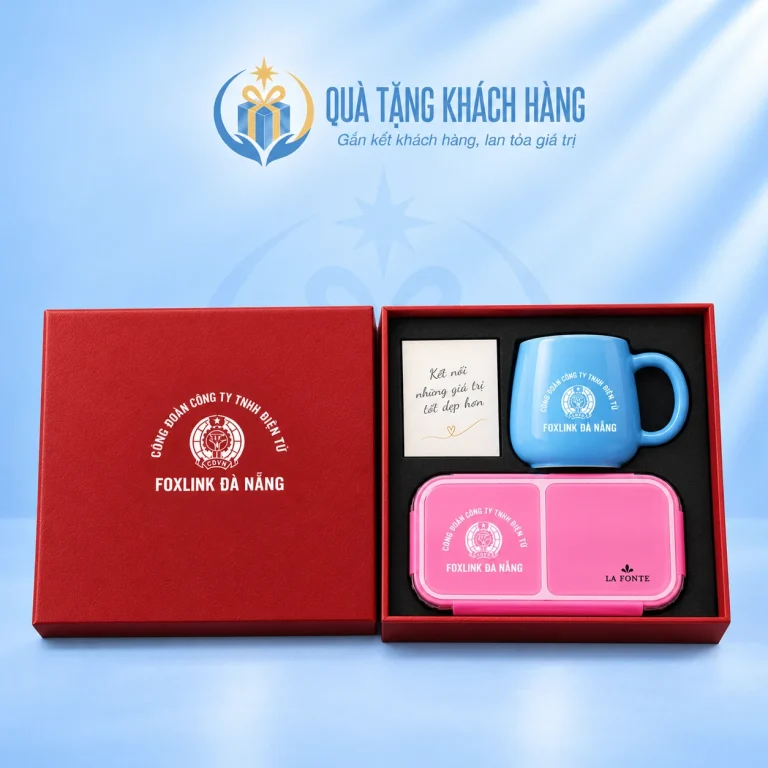 Trọn bộ hộp cơm và cốc sứ trong hộp đỏ
