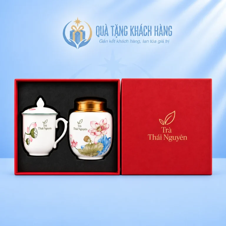 Bộ hộp quà hũ trà và cốc sứ có nắp